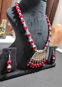Tibetan silver &amp; red Pendant Necklace &amp; Earrings J