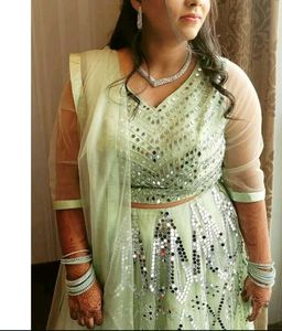 Heavy Mirror Work Light Green Lehenga