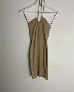 H&amp;M Beige Tan Textured Halterneck Mini Dress