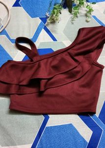 Burgundy Ruffle One Shoulder Crop Top
