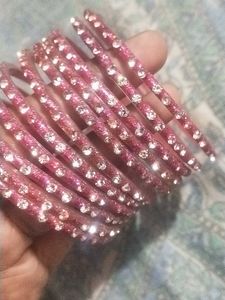 Sparkling Pink Glass Bangle Set (Set Of 11)