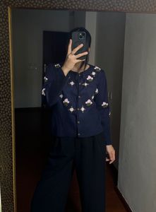 Vintage Navy Blue Embroidered Knit Cardigan