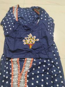 Blue Polka Dot Dress with Floral Embroidery