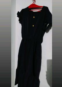Navy Button-Front Dress with Tie Sleeves