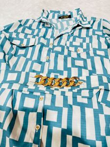 Casual Blue &amp; White Checked Shirt With Belt