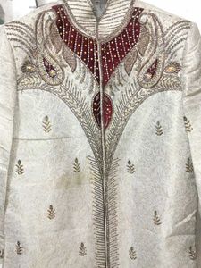Creamy White And Maroon Sherwani