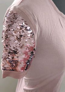 Pink Sequin Sleeve T-Shirt