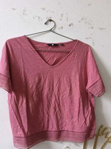 Rose V-Neck Tee with Lace Detail