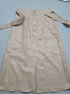 ZARA Khaki Faux Leather Buttoned Skirt with Belt