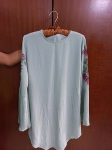Turquoise Knee Length Dress With Flared Sleeves