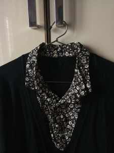 Winterwear Black Cardigan With Floral Shir