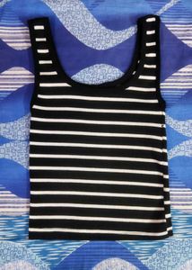 black cropped fitted tank top with white stripes