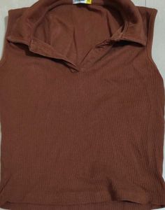 Casual Sleevless Collared Coffee Brown Top