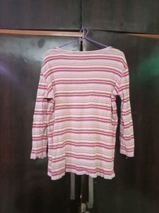 Pink Striped V-Neck Long Sleeve Top