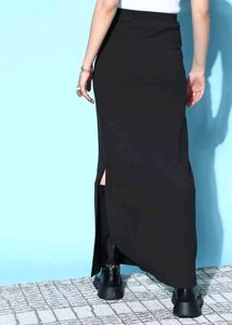 Black Solid High Waisted Split-Thigh Maxi Skirt