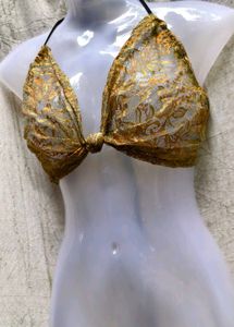 I. Gold Floral Bikini Top