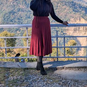 Burgundy Pleated Midi Skirt