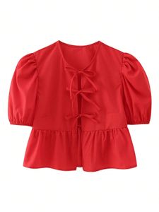 Red Tie Top with Puff Sleeves