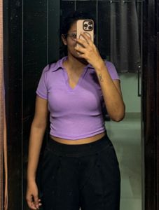 Lilac Ribbed Polo Crop Top