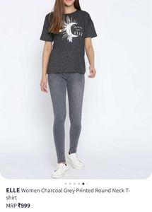ELLE Women Charcoal Grey Printed T-shirt