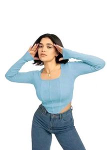 Blue Long Sleeve Crop Top