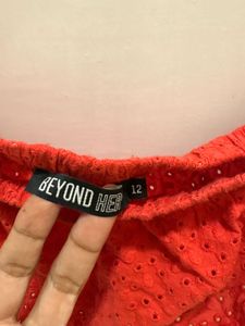 Red Eyelet Puff Sleeve Crop Top And Denim Dress