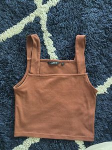 Brown Solid Square Neck Poly cotton Top
