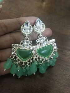 Green Kundan Dangler Earrings