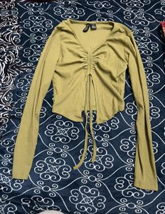 Olive Ribbed Tie Front Top