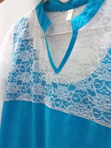 Mesh Detailed Blue &amp; White Kurta