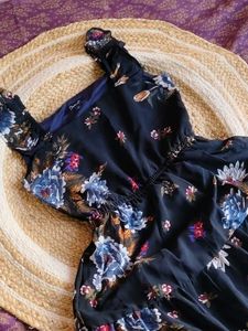 Navy Blue & White Floral Print Tiered Maxi Dress