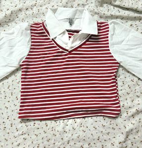 Korean style Striped Knit Top with Blouse
