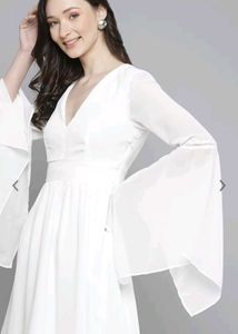 White Solid Bell Sleeves A- Line Dress