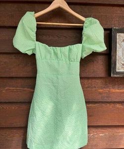 ZARA - Green Gingham Check Puff Sleeves Dress