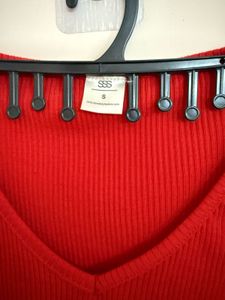 Red V-Neck Ribbed Top