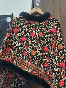 Floral Embroidered Shawl with Faux Fur