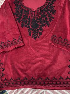 Embroidered Maroon Velvet Kurti