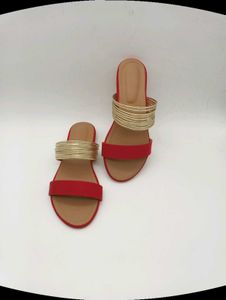 Red And Gold Flat Sandals.