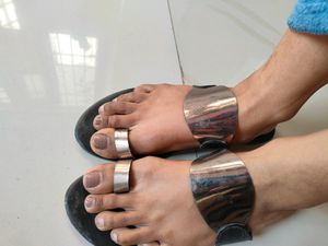 Metalic Grey And Black Flat Sandals