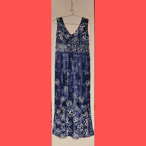 Blue Floral Print Maxi Dress with V Neck (M)