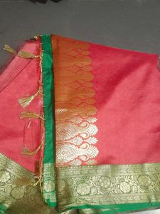 Beautiful Pink ND Green Pattu Sare With Blouse