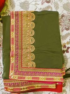 Elegant Olive Green Saree With Blouse