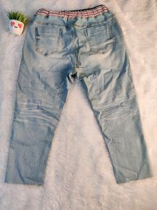Sky Blue Distress Jeans With Elastic Waistband