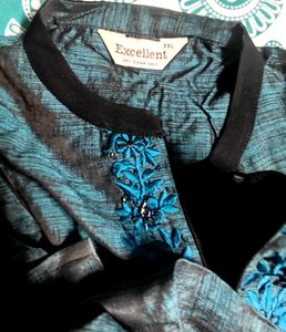 Peacock Blue Long Kurta With Chinese Collar