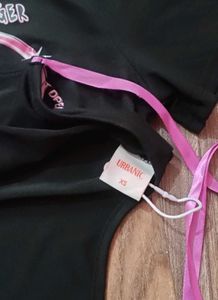Black Graphic Crop Top with Pink Ribbon Ties