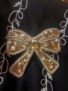 Gold Beaded Bow Brooch