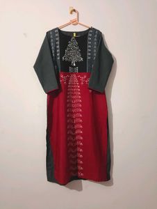 Red & Gray Printed Kurti