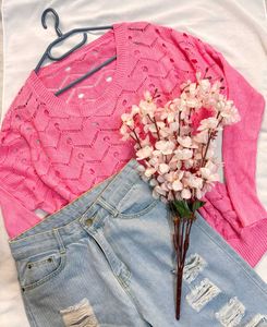 B2,G2 🎁Chic Pink Open-Knit Pullover B