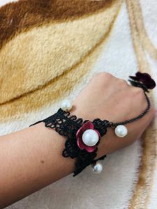 Beautiful Black Lace &amp; Pearl Bracelet