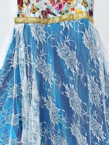 Butterfly Printed Blue Party Gown